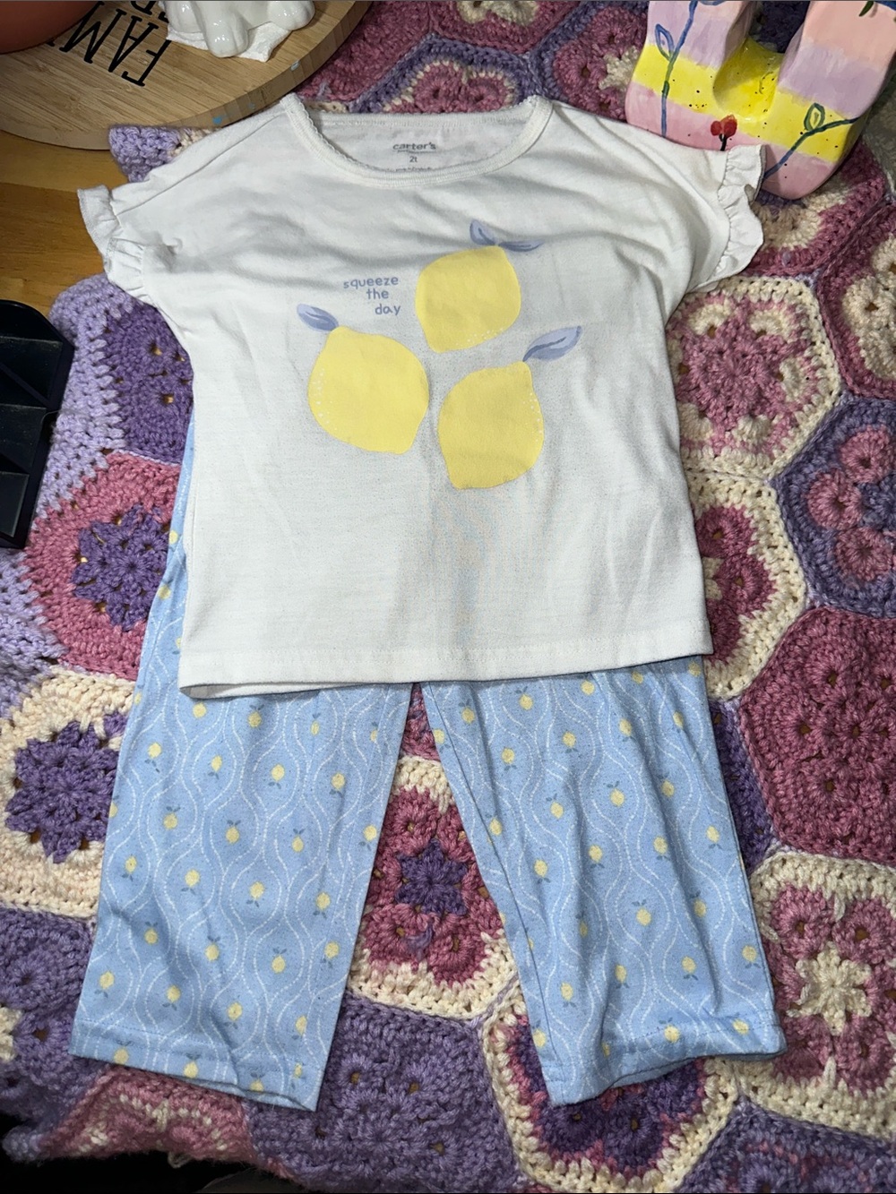 Carter's White & Light Blue Lemon Pajama Set B323
